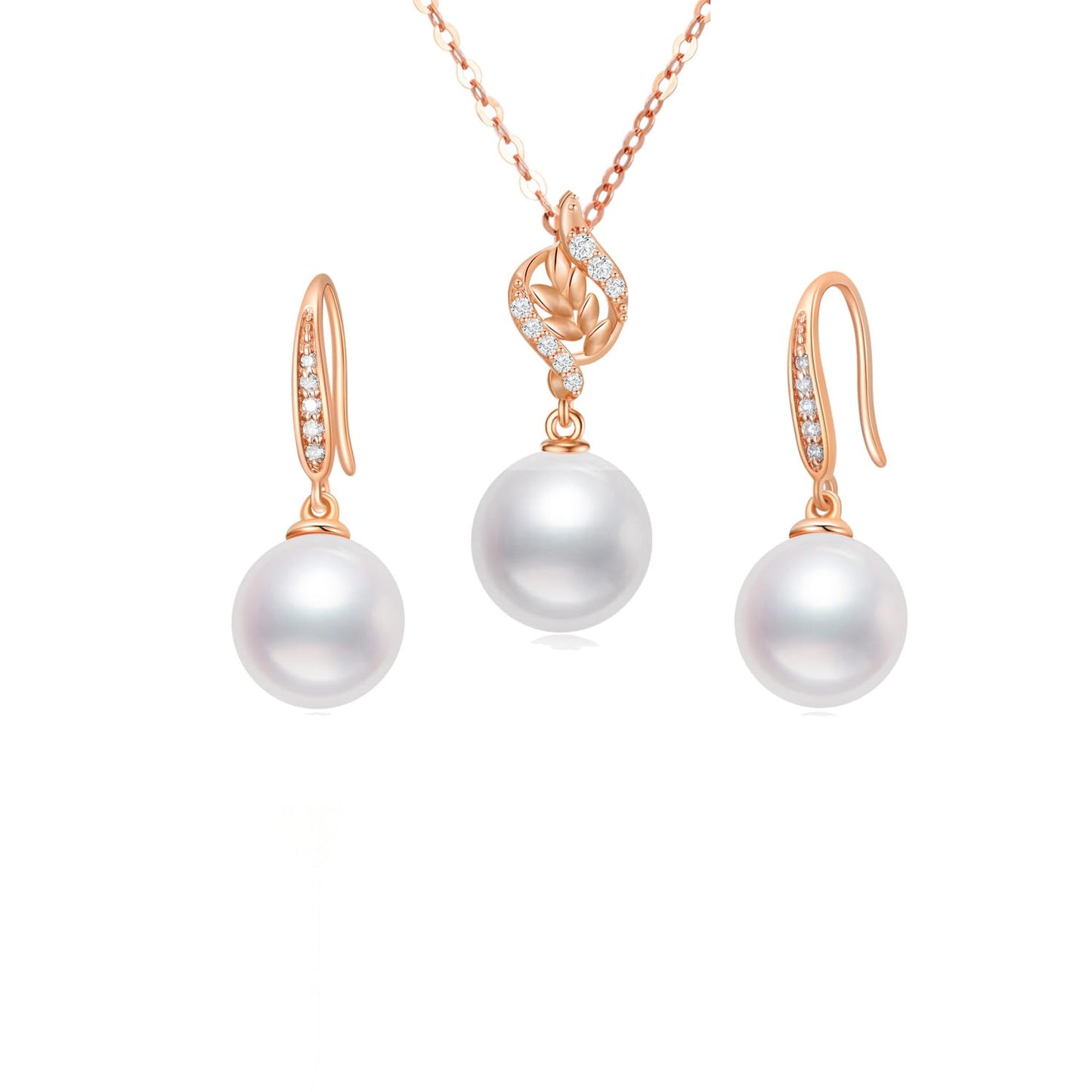 14k Rose Gold Natural Diamond and Freshwater Cultured Pearl Necklace and Earrings Set for Women