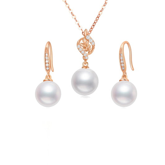 14k Rose Gold Natural Diamond and Freshwater Cultured Pearl Necklace and Earrings Set for Women