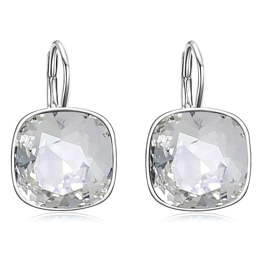 AOBOCO Sterling Silver Leverback Earrings with Crystals, Hypoallergenic Cushion Cut Square Crystal Earrings, Fine Anniversary Birthday Jewelry Gifts for Women, White