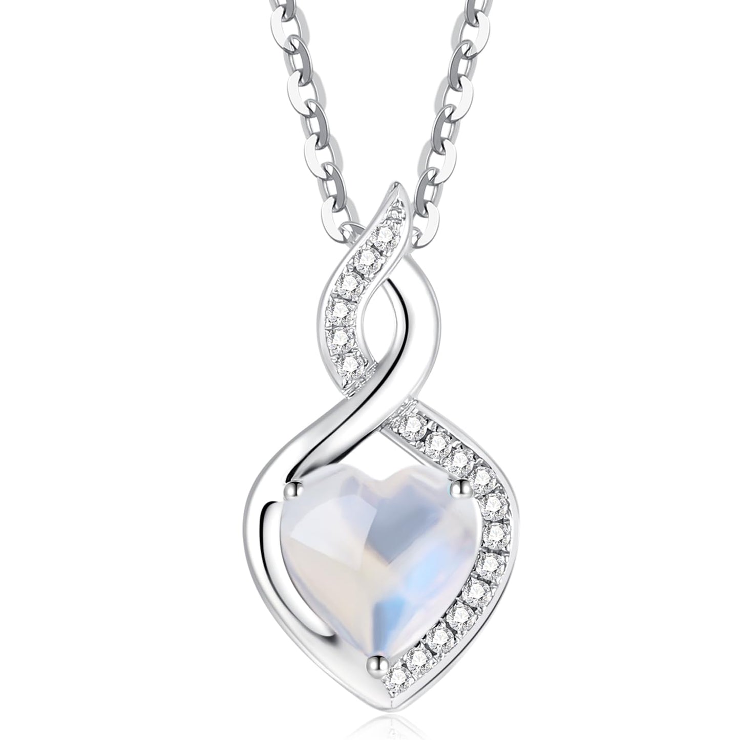 FANCIME Created Moonstone Necklace 14K Solid White Gold Heart Pendant with Diamond June Birthstone Necklace Jewelry Gifts for Mom Women