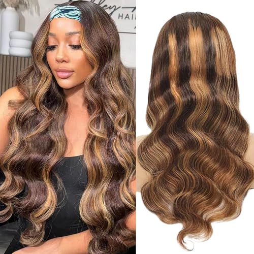 Ombre Headband Wig Human Hair Body Wave #4/27 Highlight 22 Inch Headband Wigs Human Hair Wigs for Black Women Brazilian Virgin Hair Wear and Go Glueless Wig None Lace Front Wigs 150% Density