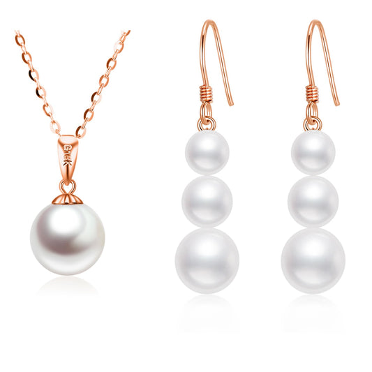 14k Rose Gold Freshwater Cultured Pearl Necklace and Dangle Earrings Set for Women