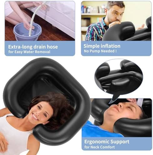 Inflatable Shampoo Basin, Portable Shampoo Bowl with Neck Support and Drain Hose for bedridden People, Portable Shampoo Sink for The Elderly, Disabled, Pregnant Women, Injured People (Black)