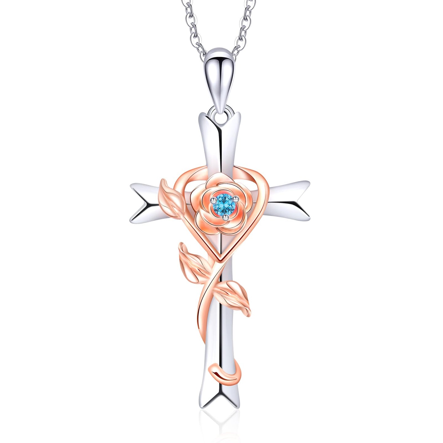 RIVIKO Mothers Day Gifts for Wife-925 Sterling Silver Cross December Birthstone Necklace for Women Cross Rose Pendant Necklaces Trendy Christmas Jewelry Anniversary Birthday Gift for Women Her Wife