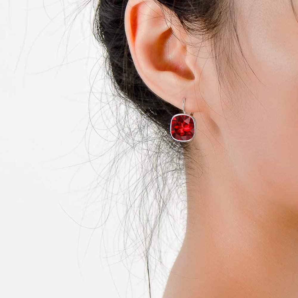 AOBOCO Sterling Silver Leverback Earrings Embellished with Crystals from Austria, Hypoallergenic Cushion Cut Square Crystal Earrings, Fine Anniversary Birthday Jewelry Gifts for Women (Burgundy)