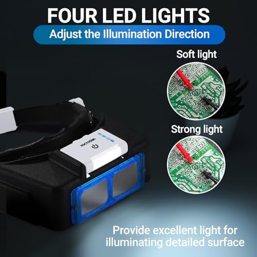 YOCTOSUN Magnifying Glasses with Light for Close Work, Rechargeable Headband Magnifier with 4 Lenses 1.5X-3.5X, Hands Free Head Magnifying Visor for Hobby, Jewelers, Reading, Crafts