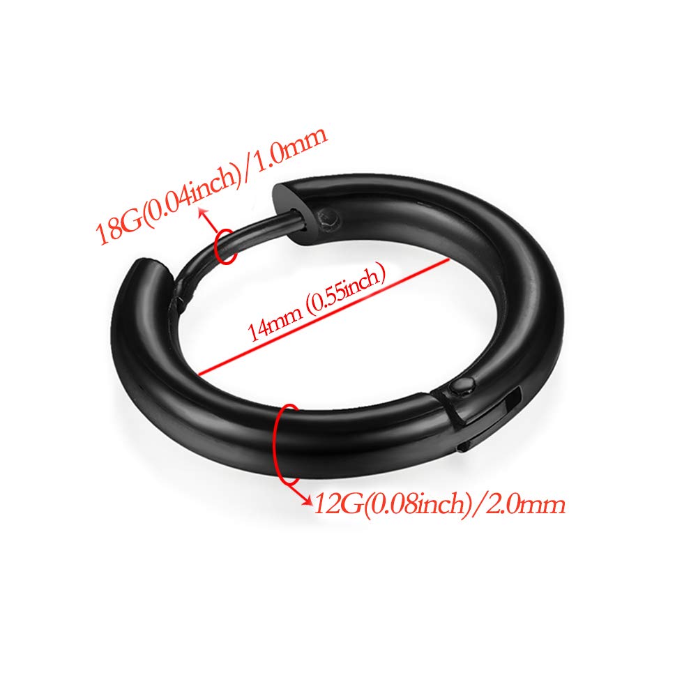 316L Surgical Stainless Steel Huggie Hoop Earrings 14mm Black Hypoallergenic Earrings Hoop Cartilage Helix Lobes Hinged Sleeper Earrings For Men Women(F03:14mm Black(THK 2.0mm))