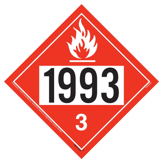 1993 Placard, Class 3 Flammable Liquid 10-pk. - 10.75" x 10.75" Removable Self Adhesive Vinyl for Temporary Applications - Complies with DOT Hazmat Placard Requirements