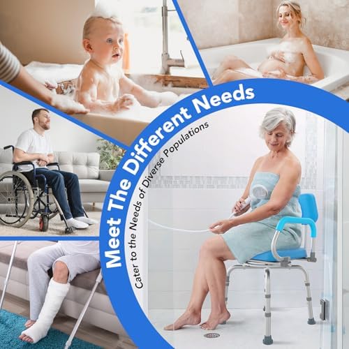 360° Swivel Shower Chair, Adjustable Shower Seat with Arms and Back & Soft Padded Seat for Bathtub, Non-Slip Rotating Bathtub Chair for Seniors Elderly Disabled Bariatric Pregnancy, 4-Level Height