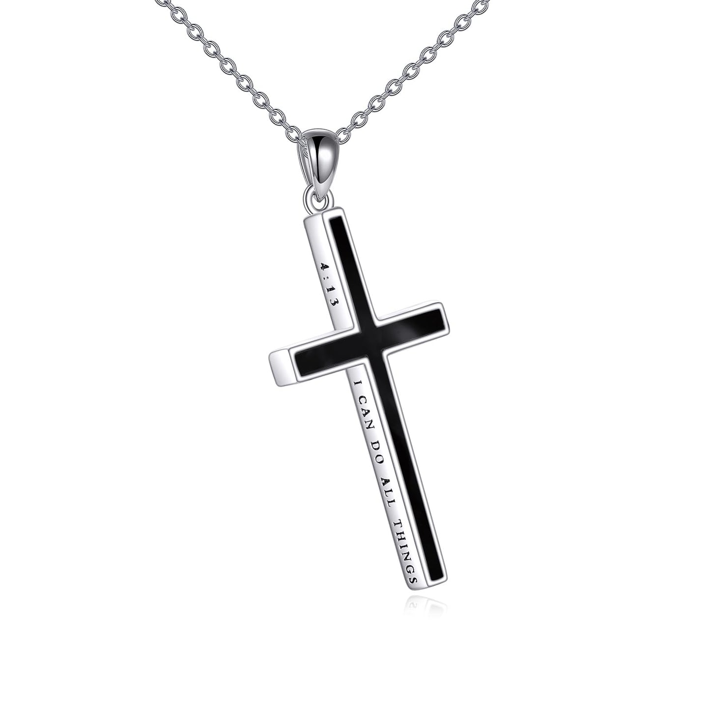 YFN I Can Do All Things Cross Necklace Sterling Silver Black Onyx Cross Pendant Thin Cross Jewelry Gifts for Women Men