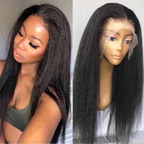 16 Inch Kinky Straight Human Hair Wigs, 13x4, 180% Brazilian Remy Hair, Yaki Lace Front Wig for Women
