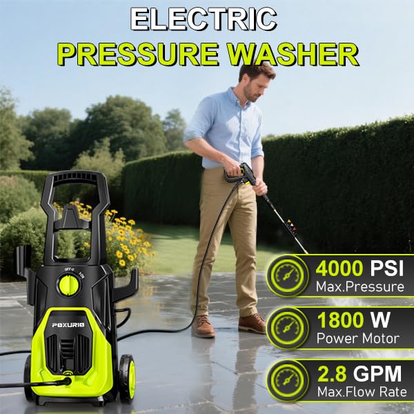 POXURIO Electric Pressure Washer, 4000PSI 2.8GPM Power Washer, 3-in-1 Self-Priming High Pressure Washer, for Cars, Patio, Deck