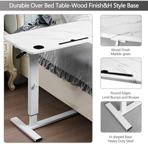 Overbed Table,Hospital Bed Table,Pneumatic Bed Tables Adjustable Over The Bed with Hidden Wheels&USB Port,Mobile Laptop Table Cart and Rolling Bedside Table with Tray Hospital Home Use-White