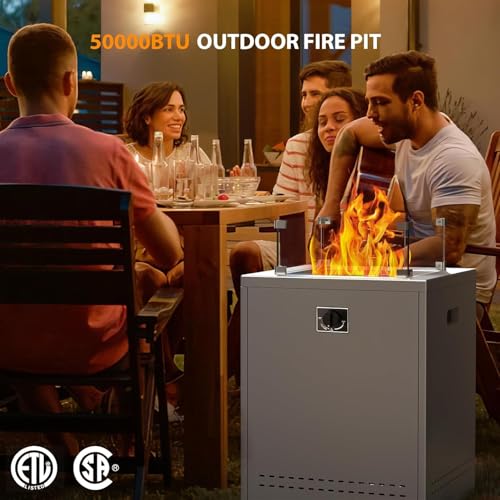 20" Square Smokeless Propane Fire Pit Table, 50,000 BTU Portable Outdoor Patio Heater with Lava Rocks, Glass Wind Guard & Cover for Deck, Backyard, Garden, Camping (Black)