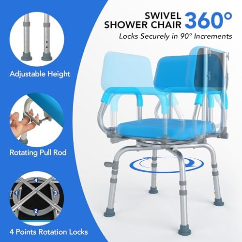 360° Swivel Shower Chair, Adjustable Shower Seat with Arms and Back & Soft Padded Seat for Bathtub, Non-Slip Rotating Bathtub Chair for Seniors Elderly Disabled Bariatric Pregnancy, 4-Level Height