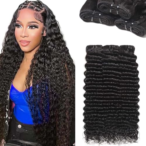 Brazilian Human Hair Deep Wave 12A Grade 100% Unprocessed Virgin Remy Deep Curly Wave Extensions Human Hair Bundles 16 18 20 lnch Double Weft Deep Curly Weave 3 Pcs Natural Black