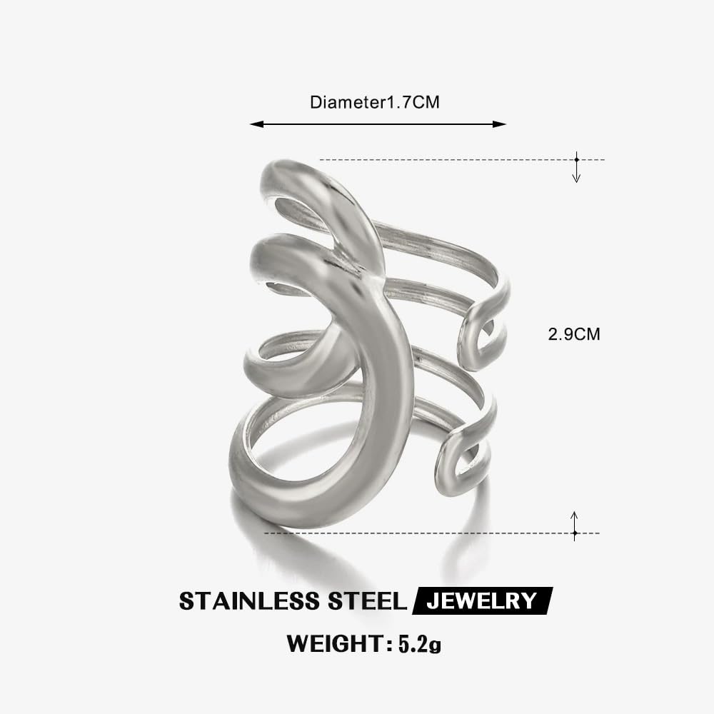 AIETUE Chunky Rings For Women, Gold Silver Thumb Ring Asymmetrical Wavy Curve Ring Adjustable Non Tarnish Dainty Stainless Steel New Year Anniversary Birthday Jewelry Gift (Trendy Silver#4)