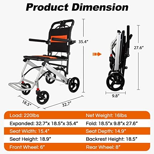 World's Lightest (Only 16lbs) Portable Transit Travel Wheelchair, Folding Transport Wheelchairs for Adults and Seniors Support 220lbs, Lightweight Aluminum Wheelchair for Elderly
