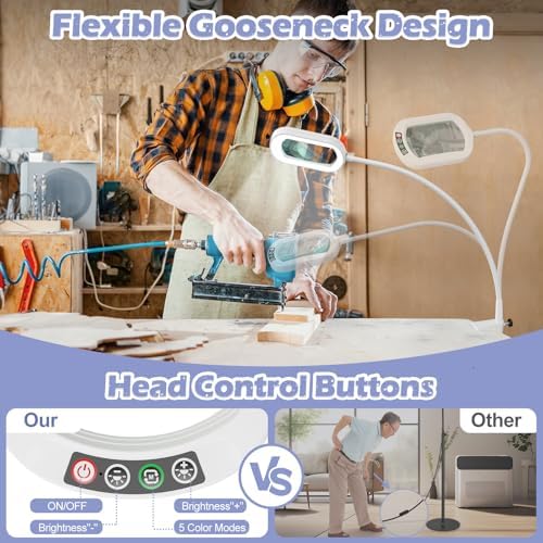 Drdefi 10X Rectangular Magnifying Glass with Light and Stand, 24" Flexible Gooseneck Floor Lamp, 5 Color Modes Stepless Dimmable, 3-in-1 LED Lighted Magnifier Light Hands Free for Reading Craft-White