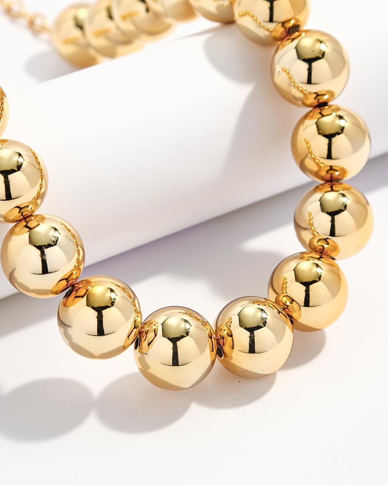 FAUTHENTICUTE Chunky Gold Beaded Necklace for Women Large Round Beads Statement Choker Necklace With Adjustable Extender Chain Trendy Gold Bead Necklace Fashion Boho Summer Beach Jewelry Gifts