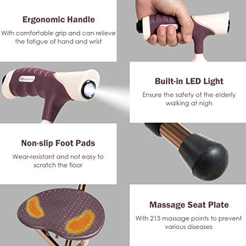 Goplus Walking Cane with Seat, Heavy Duty Aluminum Alloy Crutch Chair with LED Light and Retractable 3 Legs, Portable Anti-Slip Seat Cane, Lightweight Walking Stick for Seniors Elderly