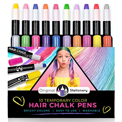 Original Stationery Temporary Hair Color Chalk Pens - 10 Count, Multicolor, Ages 7+ - Kids Hair Dye with Washable Metallic & Vibrant Crayons & Marker Pens