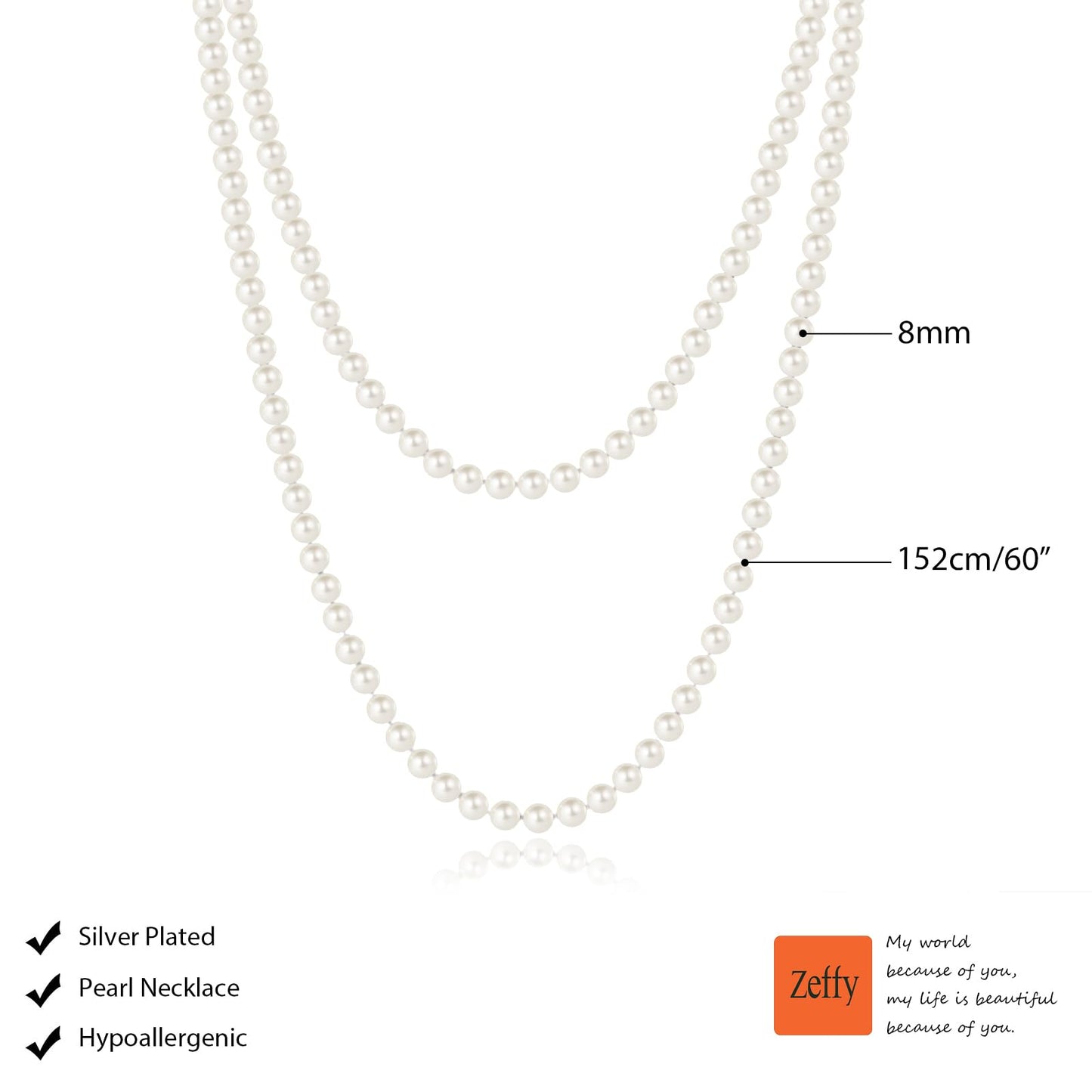 Zeffy Long Pearl Necklaces for Women Faux Cream White Pearl Strand Layered Necklace 1920s Gatsby Costume Jewelry
