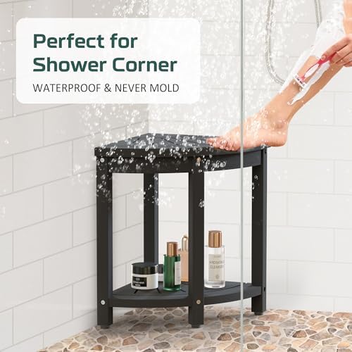 Corner Shower Stool for Inside Shower Waterproof, HIPS Poly Lumber Shower Bench Seat Chair, Bath Shower Stool for Shaving Legs Foot Rest with Adjustable & Non-Slip Feet, Load 400 lbs, Black