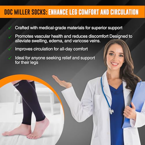 Doc Miller - Compression Calf Sleeve for Petite Men & Women, Medical Grade, 20-30mmHg Graduated Support for Running, Calf Tear, Shin Splints, Knee High, Black Calf Sleeves, Large Size, 1 Pair, Petite