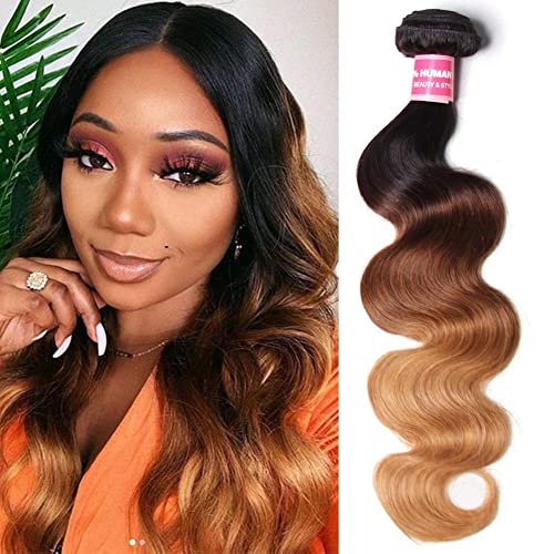 Sunber Ombre Brazilian Hair Bundles Body Wave 12A Grade Human Virgin Hair One Bundles 3 Tone 1B/4/27 Color Hair Extensions 22Inch T1B/4/27 Color