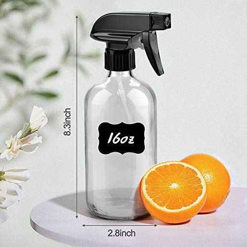 Glass Spray Bottles, 16oz Refillable Containers, Empty Boston Round Bottles with Labels & Adjustable Nozzle for Cleaning, Gardening, Aromatherapy, Pets, Plant, Hair -Clear (1 Pack)