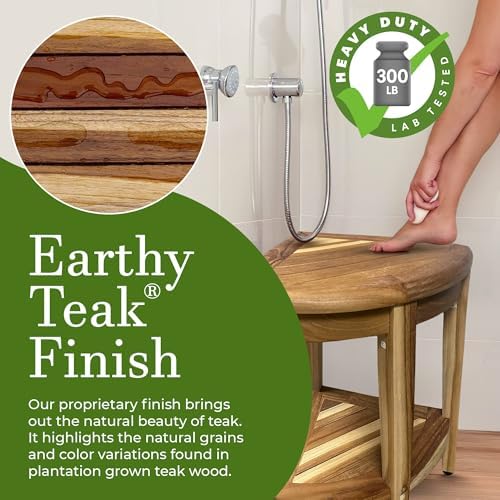 EcoDecors 18” Teak Corner Shower Stool –Waterproof Bench, Space-Saving Bathroom Seat | Compact Teak Shower Stool for Inside Shower | Sturdy 300 Pound Capacity with Shelf & Adjustable Feet