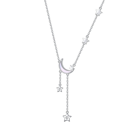 925 Sterling Silver Crescent Moon and Star Celestial Jewelry CZ White Oyster Shell Beads Mother of Pearl Pendant Necklace Rolo Chain 18 inches to 20 inches