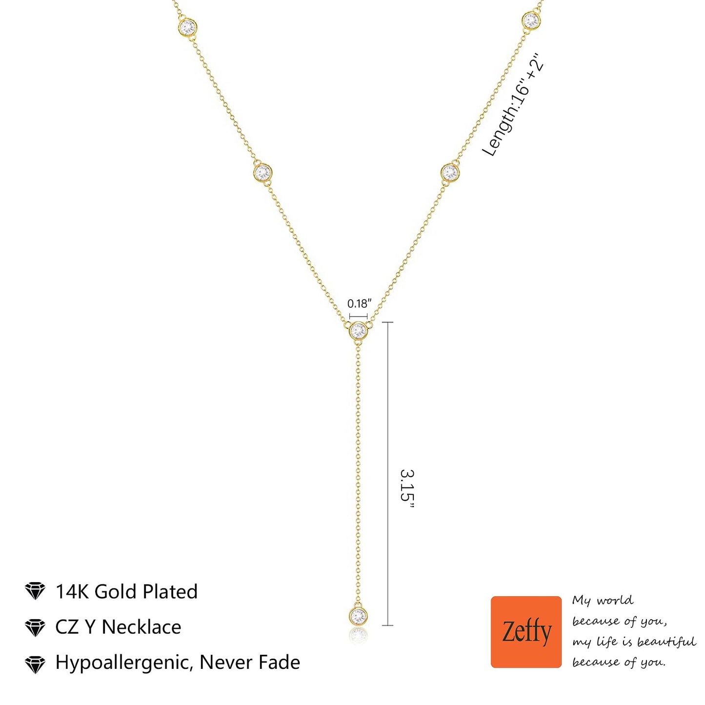 Zeffy Long Gold CZ Necklace for Women- Dainty 14K Gold Plated Teardrop Drop Lariat Necklace Trendy Simple CZ Y-Shaped Body Chain Stack Wedding Prom Dangle Statement Necklaces Jewelry Gifts