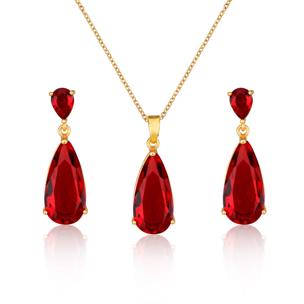 Mycitta Bridal Jewelry Set for Wedding - 18k Gold Plated Red Ruby Teardrop Cubic Zirconia Crystal CZ Drop Earrings and Pendant Necklace Set for Mother of Bride Prom Party Formal Women