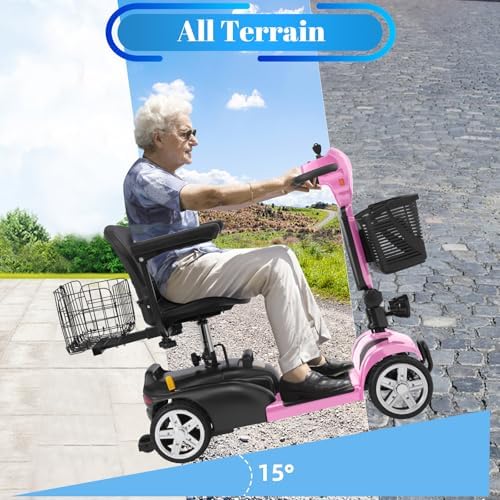 15-45 Miles Ecomobi MS02 4 Wheels Mobility Scooter for Adults/Seniors, 350W Powered Electric Wheelchair Device w/15Ah-25Ah Extended Battery, Dual Baskets/Rotating Seat, Compact Duty Mobile for Elderly