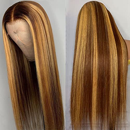 Lemoda Outlet Deals 13x6 Highlight Ombre Lace Front Wig Human Hair 180 Density 20 Inch Straight Transparent Lace Pre Plucked Honey Blonde Human Hair Wigs for Women P4/27 Color