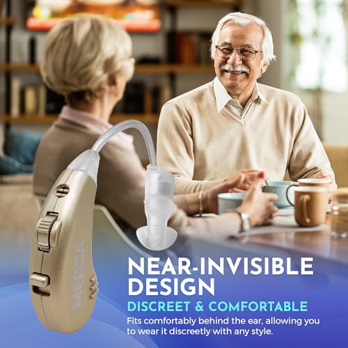 Digital Hearing Amplifiers - Rechargeable BTE Personal Sound Amplifier Pair with USB Dock - Premium Gold Behind The Ear Sound Amplification - by NewEar