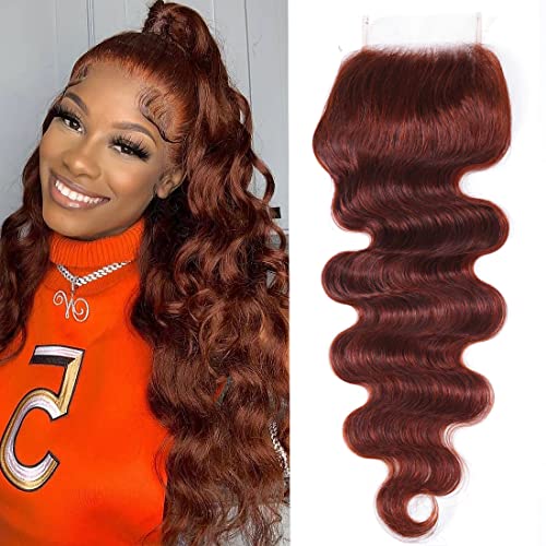 UNICE Reddish Brown Body Wave Human Hair 4x4 Lace Closure Free Part, Brazilian Human Remy Hair Auburn Brown Body Wave Human Hair Closure 33B Color 18 inch