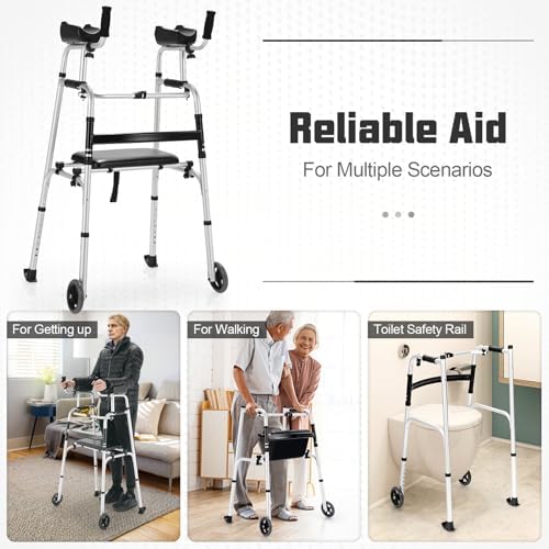 Folding Walkers for Seniors, Upright Walker with Seat, Removable Arm Support & 5" Wheels, Height Adjustable Platform Walker Mobility Aid for Elderly