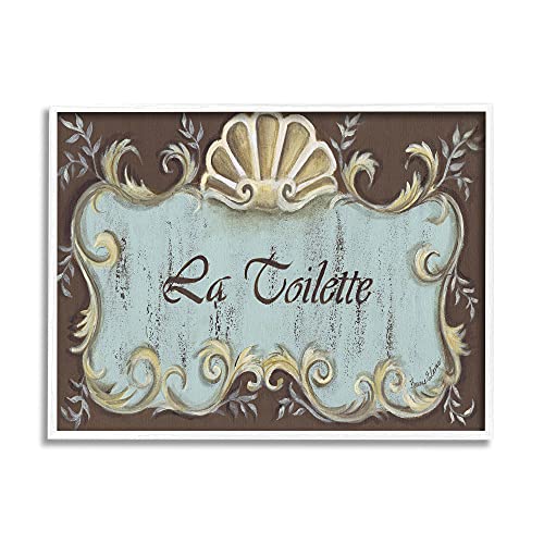 Stupell Industries La Toilette Aqua and Brown Scallop Shell Crest, Design by Bonnie Wrublesky White Framed Wall Art, 24 x 30