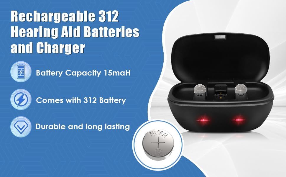 Rechargeable Hearing Aid Batteries and Charger for 312 Hearing Aid Amplifiers, Battery Chargers with 2 Pack Button Rechargeable Batteries (Charger + 2 Pack 312 Batteries)