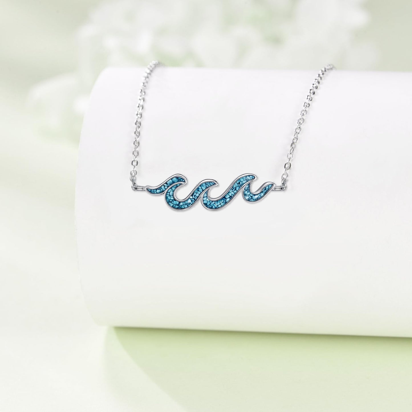 HKPATOP Wave Necklace 925 Sterling Silver Turquoise Wave Pendant Necklace Ocean Jewelry Gifts for Women