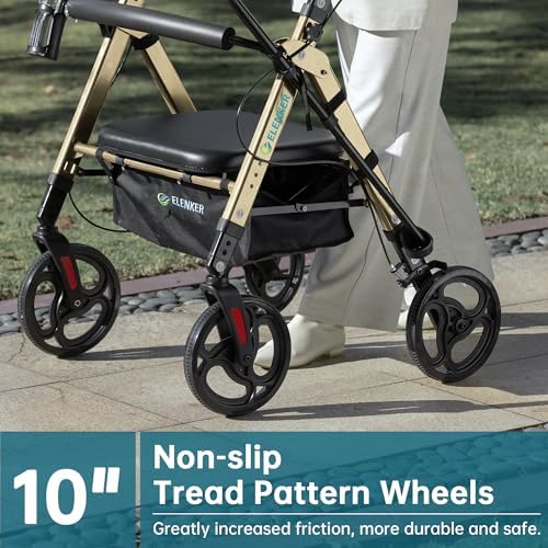 ELENKER Heavy Duty Rollator Walker with Extra Wide Padded Seat and Backrest, Aluminum Bariatric Rolling Walker, 10” Wheels, Support up to 500lbs for Seniors, Adults, Golden