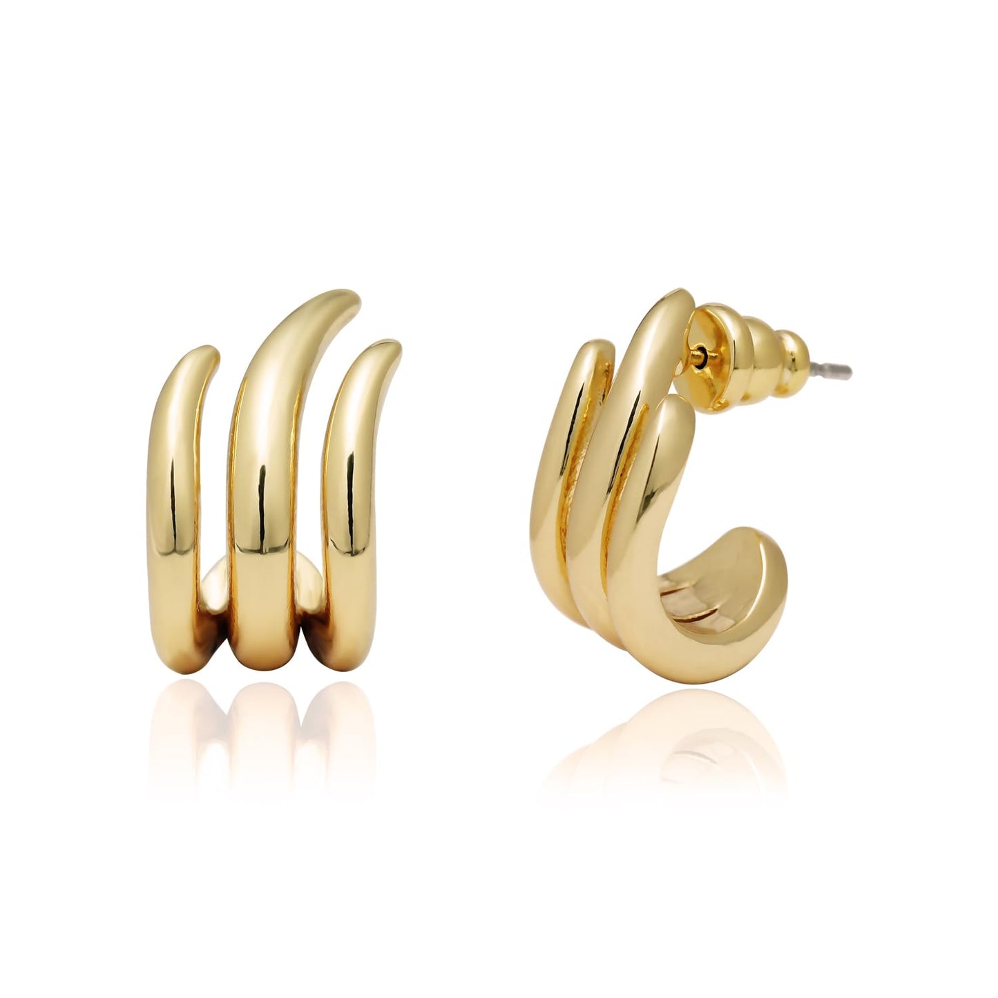 Obidos 14K Gold Plated Illusion Stud Earrings for Women | Triple Huggie Hoop Earrings for One Hole| Trendy Simple Hypoallergenic Fashion Accessories Gold Jewelry Gifts for Womens (Illusion Earrings-Yellow Gold)
