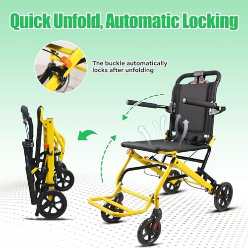 18lbs Ultra-Lightweight Transport Wheelchair for Adults & Elderly,220lbs Capacity,16.2" Seat,Portable Design for Travel & Home Use (Yellow)