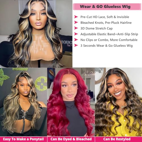 Glueless Wigs Human Hair Pre Plucked Pre Cu tHighlight Wear and Go 1B/27 5x5 HD Lace Closure Wigs Honey Blonde Body Wave Lace Front Wigs Human Hair for Women 22inch