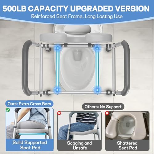 Raised Toilet Seat with Handles, Heavy Duty 500lb Toilet Seat Risers for Seniors, Extra Support Bars for Soft Padded Seat, Adjustable Width&Height Toilet Seat Riser for Disabled-Gray