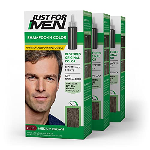 Just For Men Shampoo In Color, Hair Color for Men with Keratin and Vitamin E for Stronger Hair, Restores Natural Hair Color, Medium Brown, H-35, Pack of 3
