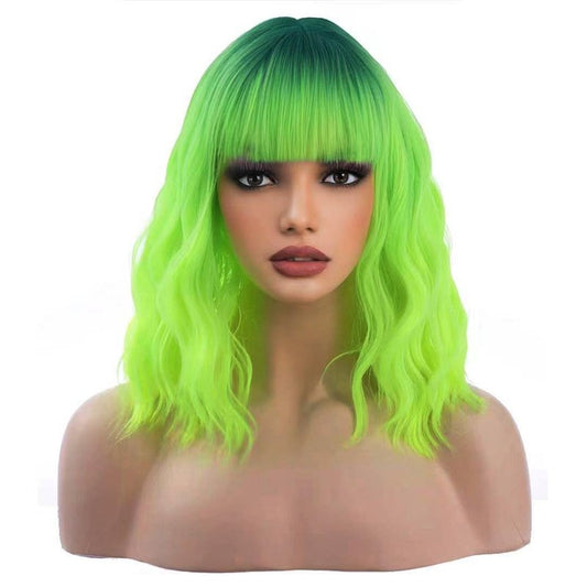 incohair Ombre Green Wigs for Women 14 Inches Short Wavy Neon Green Wig With Bangs Fluorescent Green Short Wigs for Cosplay Party Daily Wigs Wig Cap Included